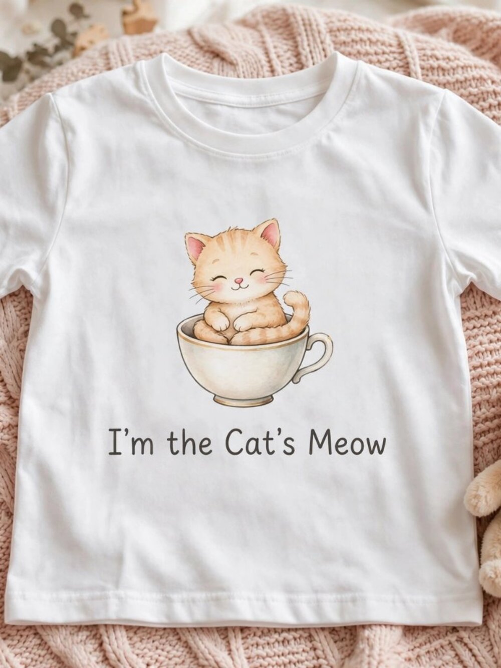 White "I'm the Cat's Meow" Kitty Teacup Graphic Tee Girls 6 🐱